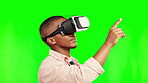 Black man, vr and 3d metaverse on green screen in studio isolated on a background mockup. Virtual reality, ui and African person with futuristic digital technology for high tech gaming on internet.