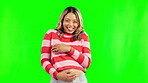 Studio, face or pregnant stomach with happy woman on green screen for body wellness or development. Pregnancy portrait, love or mother to be smiling holding belly for bonding or healthy baby growth 