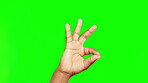 Hands, okay sign and perfect in success on green screen for good job against a studio background. Hand of person with OK emoji, yes or like for win, achievement or approval on chromakey mockup space