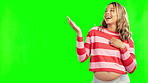 Studio, hand or happy pregnant woman on green screen for promotion deal, sale offer or announcement. Pregnancy, maternity or mother to be smiling showing mockup space for advertising or marketing 