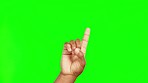 Hand, pointing and showing choice on green screen, vote or poll decision, review announcement with promo information. Tips, guide or steps in presentation of promotion for deal, offer or opportunity.