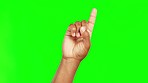 Finger, point and green screen in closeup studio with question, direction or promotion by background. Hand, sign or icon for communication, voice and vote with pointing up, mockup space and selection