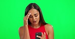Frustrated, problem and woman with phone on green screen with anxiety, worry and error mockup. Advertising, social media and female person on studio background with network, scam and spam issue