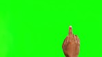 Isolated hand, swipe and click with green screen for choice, search or zoom with user experience on interface. Finger, typing or click for selection, dashboard or display system for internet mockup