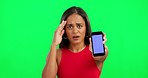 Stress, confused and woman with phone on green screen in studio with anxiety, spam and error mockup. Advertising, social media and portrait of female person on chromakey background with network issue