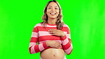 Green screen, laughing or happy pregnant woman with belly in studio for body wellness or development. Pregnancy, portrait or face of mother smiling with tummy or stomach for bonding or baby growth