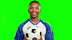 Football, sports and face of black man on green screen in studio isolated on a background mockup. Soccer, portrait and happy African athlete with ball for workout, training or exercise for fitness.