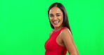 Happy, woman and portrait of excited, confident and laughing girl or student with pride on green screen. Face, smile and laugh on studio background with fashion, natural beauty and happiness