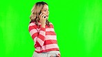 Green screen conversation, phone call communication and pregnant woman speaking, talking or consulting on telehealth. Pregnancy consultation, chroma key cellphone and person chat on studio background