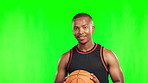 Basketball, sports and face of black man on green screen in studio isolated on a background mockup. Smile, portrait and African athlete with ball for workout, training or exercise for healthy fitness