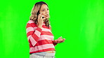 Green screen conversation, cellphone call and pregnant woman discussion, talking or consulting on telehealth support. Pregnancy consultation service, chroma key phone and person on studio background