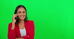 Happy, woman with her smartphone and on a phone call against a green screen with mock up space. Connectivity or online communication, networking and female person with cellphone against chroma key