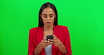 Thinking, green screen and business woman with phone for social media or email happy and excited while typing on mobile app. Internet, idea and young person chatting or search online or website