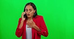 Green screen problem, phone call news or woman listening to bad feedback, crisis alert or fail announcement. Mental health, chroma key mobile or sad person listen to notification on studio background