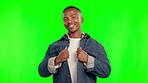 Confident black man, smile and face by green screen for fashion mockup, young and denim jacket in studio. Happy student guy, African model or trendy clothes in portrait with gen z aesthetic for style