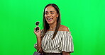 Fashion, attitude and talking with a woman on a green screen background in studio asking a question. Shopping, retail and trendy style with a happy female customer speaking on chromakey mockup