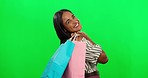 Woman, smile with shopping bag and retail, green screen and excited with boutique discount on studio background. Happy customer, female person and fashion with store sale, mockup space and commerce