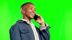 Black man, call and green screen with communication, smartphone and conversation with mockup space. Male person using phone, happy with chat and tech, connection and talking on studio background