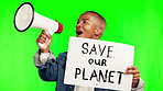 Black man, megaphone and billboard in protest on green screen to save our planet against a studio background. African male person or activist shouting, scream or yelling with poster or sign on mockup