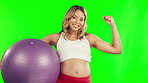Strong, exercise ball and pregnant woman on green screen to flex muscle for body wellness or growth. Pregnancy belly, healthy person and portrait of a mom ready for fitness, workout or development