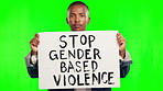 Protest, poster and black man on green screen for stop violence, gender equality and justice or support. Serious, face and person or USA student with cardboard sign for human rights and solidarity 