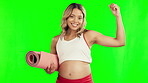 Pregnant woman, yoga and flex in fitness on green screen for healthy wellness against a studio background. Portrait of happy female person or yogi in maternity with smile and flexing arm on chromakey