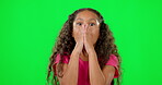 Surprise, face and green screen child, girl or person react to news, youth announcement or notification. Chroma key portrait, wow facial expression and young kid shocked isolated on studio background