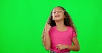 Girl child, green screen and face with dancing, moving or steps for music, happy or freedom in mock up. Young female kid, dancer or excited for comic playing in mockup space for childhood development