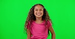Green screen, youth happiness and child laugh at funny joke, kid humor or goofy cheerful joy for young silly children. Chroma key portrait, happy comic and laughing girl smile on studio background