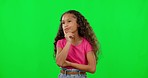 Thinking, child portrait and green screen with youth, decision and choice of girl. Young child, doubt and confused with doubt and idea with concentration, planning and contemplation of kids alone