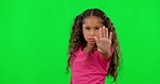Stop hand, child portrait and green screen with anger and no emoji sign. Children, open palm and protest feeling upset with warning with kid doing rejection, defense and refuse hand gesture of girl