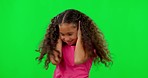 Green screen, eyes closed and girl child in studio playing, game and counting while shaking head. Children, games and kid person having fun with hide and seek, smile and happy with childhood play