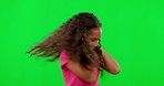 Green screen, noise and hands on ears of girl child in studio with autism, unhappy and frustrated. No, sign and autistic kid with body language for stop, loud and annoyed, problem or noisy mistake