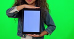 Tablet, green screen and girl with advertising mockup for children website, e learning and education. Presentation, digital technology and kid hands with ux or ui design space on studio background