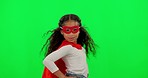 Girl kid, superhero and green screen with mask, strong and justice with hands on hips for mockup. Young female child, power and portrait with confidence, red cape and stop crime by studio background