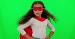 Girl child, hero and green screen with mask, strong and justice with hands on hips for mockup. Young female kid, power and portrait with confidence, superhero cape and stop crime in studio background