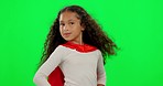 Girl kid, hero and green screen with face, strong and justice with hands on hips for mockup. Young female kid, power and portrait for confidence, red superhero cape and stop crime with hair in wind