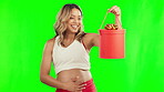 Surprise, gift and happy pregnant woman on green screen for body wellness shopping deal. Pregnancy, excited person or mother touch belly for baby present, healthy growth or gender reveal promo sale