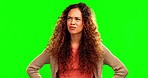 Confused, question and woman in green screen studio, angry and disappointed on mockup background. Wtf, doubt and frustrated lady person with why, attitude or emoji for drama, fake news or mistake