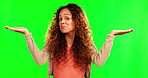 Happy woman, hands and advertising in choice on green screen against a studio background. Portrait of unsure female person showing palm for advertisement, decision or selection on mockup space