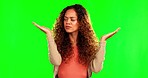 Woman thinking, green screen and scale balance choice, decision and brainstorming ideas, weigh options or plan. Idea comparison, chroma key palm gesture or planning person choose on studio background