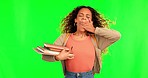 Green screen, tired woman and student walking, morning commute or travel to university campus, college or school Education books, chroma key learning and exhausted person fatigue on studio background