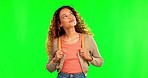 Green screen woman, happiness and smile on walk, morning commute or student travel, tour and enjoy view. Opportunity, sightseeing tourism journey and chroma key person walking on studio background