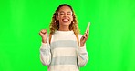 Happy woman, phone and dance for winning on green screen in celebration against a studio background. Excited female person dancing with smile in happiness for win, good news or discount on mockup