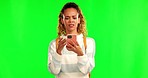 Confused, unsure and woman with phone on green screen for notification, announcement and news. Advertising, shock face and female person with wtf reaction for social media, internet and online post