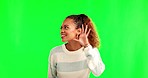 Woman, hear and speak louder sign with green screen and secret news with a smile. Confidential, palm to ear and young female person hearing and listening to gossip and whisper with emoji gesture