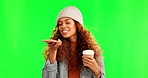 Phone call, speaker and happy woman in green screen studio with coffee while speaking on mockup background. Smartphone, app and female person with voice to text speech for recording, message or chat