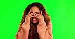 Scared, fear and face of a woman on a green screen for a movie reaction or scary expression. Anxiety, portrait and a nervous girl covering face for stress isolated on a transparent png background