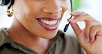 Call center, smile or mouth of black woman consulting in telecom, customer services or communications company. Zoom or happy sales agent with microphone explaining at crm or technical support office
