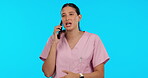 Medical professional, discussion on phone with advice or help and support to explain at hospital. Female medical, worker and information with talking on cellphone with bad news about patient.